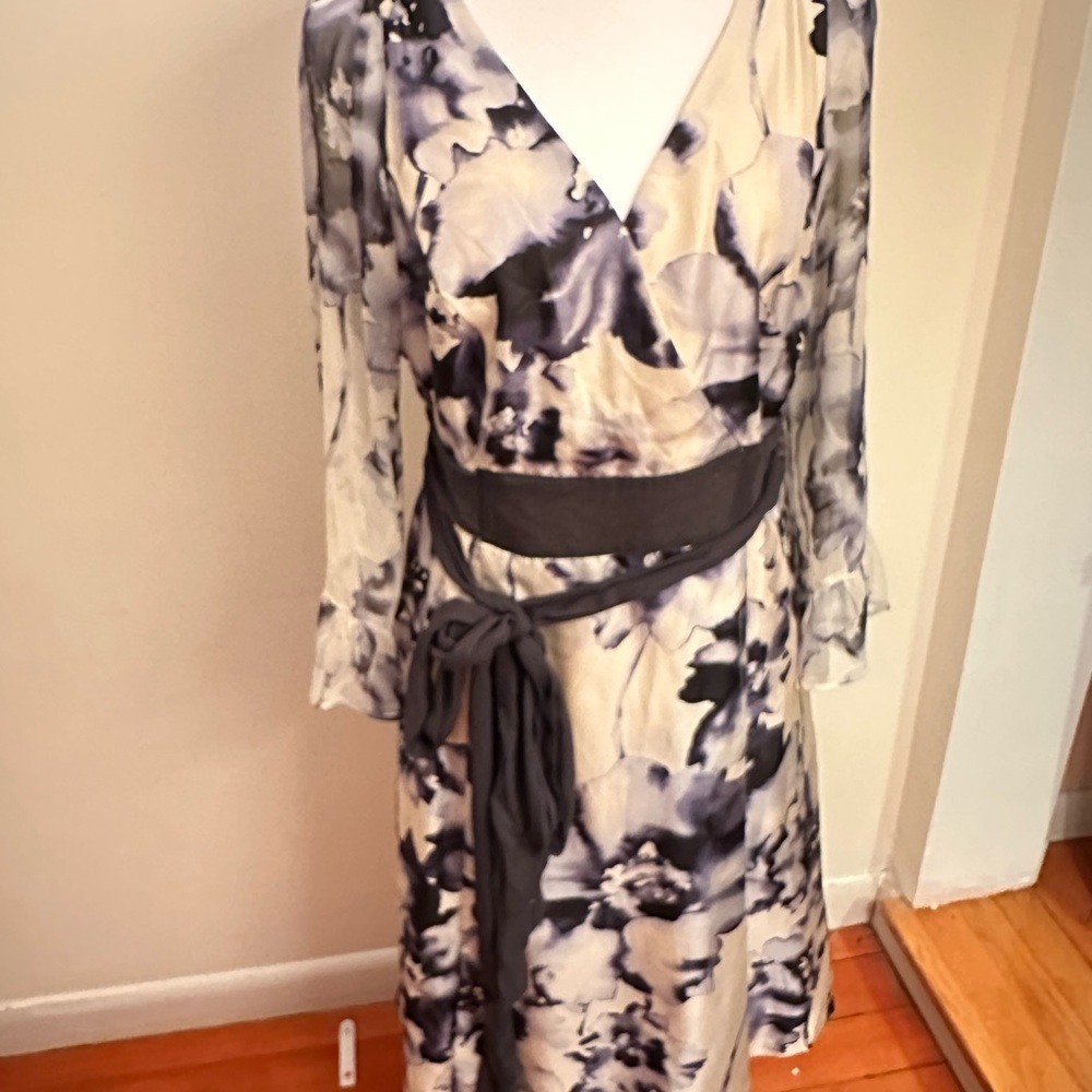 Anthropologie 100% silk side zip dress w sheer sleeves, wrap silk self belt